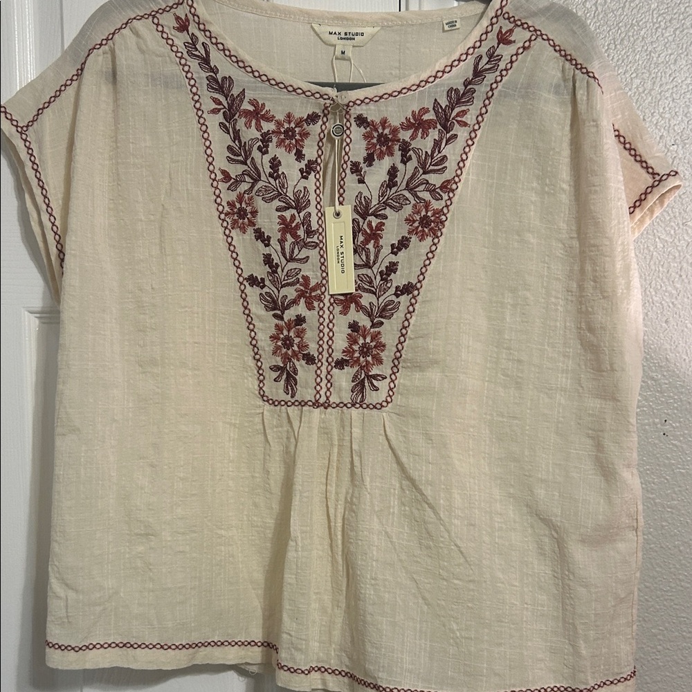Madewell Cream Blouse with Red Embroidery